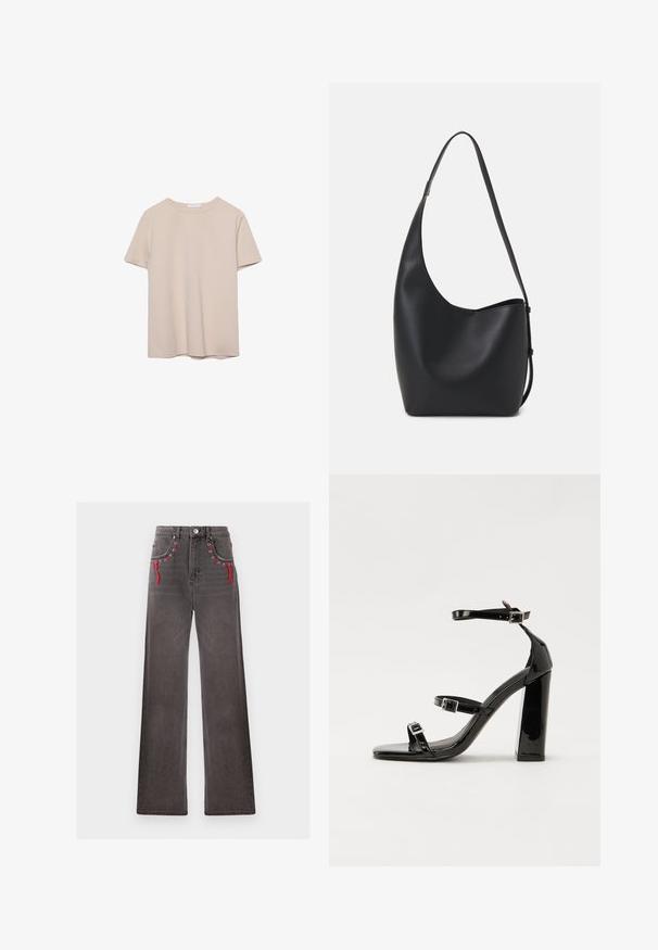 Krémové tričko s krátkým rukávem a kulatým výstřihem, s jednobarevným designem, vystavené na bílé ploše.; Dlouhé široké džíny s vysokým pasem v vybledlé černé denimě s červenými tkaničkami a kovovými nýty na předních kapsách. Obsahuje klasické zapínání na knoflík a zip.; Černé lakované sandály na podpatku se čtveratou špičkou, lýtkovými pásky a stříbrnými přezkami. Disponují masivním blokovým podpatkem pro stabilitu.; Černá kožená hobo taška s hladkým povrchem, zakřiveným tvarem a jedním nastavitelným popruhem; má široké otevírání nahoře.