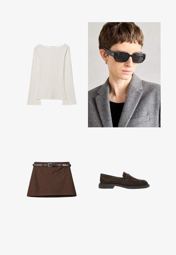 White long-sleeve top with a boat neckline. Made of soft material, features flared sleeves and a straight hem, offering a simple and versatile design.; Brown skirt with a subtle pinstripe pattern, featuring a brown leather belt, a single front pocket, and a structured A-line shape.; Dark brown suede loafers with a flat sole, decorative stitching, a rounded toe, and a small decorative accent on the front.; Black rectangular sunglasses with dark lenses, matte finish, and gold logo on the arm; worn with a grey wool blazer and black top.