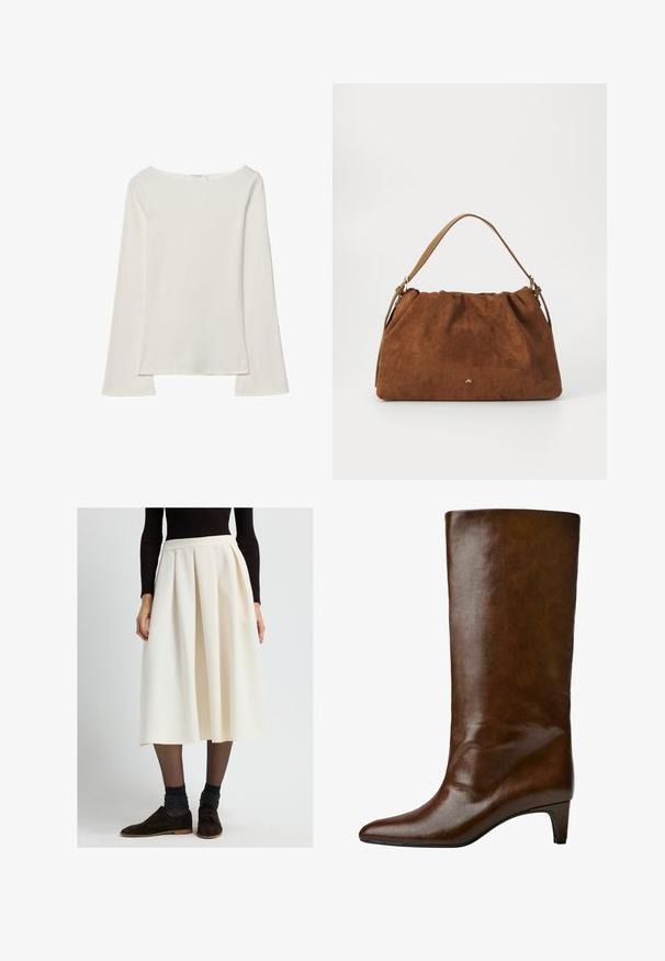 Weißes Langarmtop mit einem Boot-Ausschnitt. Hergestellt aus weichem Material, zeichnet sich durch ausgestellte Ärmel und einen geraden Saum aus und bietet ein einfaches und vielseitiges Design.; Frau in einem cremefarbenen, plissierten Midikleid mit schwarzen transparenten Strumpfhosen, dunklen glitzernden Socken, braunen Schnürschuhen und einem schwarzen, gerippten Langarmoberteil.; Braune Lederstiefel bis zum Knie mit spitzem Zehen und schmalem Absatz, die eine glatte Textur und ein einfaches Design aufweisen.; Braune Wildlederhandtasche mit einem gerafften Design, ausgestattet mit einem einzelnen hellbraunen Ledertragegurt und einem subtilen goldenen Logo-Detail auf der Vorderseite.