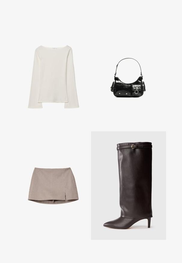Bela dolga majica z rokavi in čolničastim izrezom. Narejena iz mehkega materiala, ima razširjene rokave in ravno robno obdelavo, kar ponuja preprost in vsestranski dizajn.; Rjava in bela majhna karirana mini krilo z zarezo spredaj, prikazano ležeče na belem ozadju.; Črne usnjene škornje do kolen s koničastim nosom in ozkim peto. Imajo zloženi zgornji del z zlatim sponko kot okras. Gladka tekstura.; Črna lakasta usnjena torbica s ukrivljeno obliko, enim ramenskim trakom, sprednjimi žepi in srebrnimi kovinskimi dodatki.