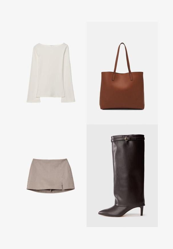 Hvid langærmet top med bådudskæring. Lavet af blødt materiale, harflammende ærmer og en lige kant, hvilket giver et enkelt og alsidigt design.; Brun og hvid lille ternet mini skirt med en frontslids, vist fladt på en hvid baggrund.; Sort læder knæ-høj støvle med spids tå og slank hæl. Har en fold-over top med en guldfarvet spændeaccents. Glat tekstur.; Brun læder tote taske med en glat overflade, åben topdesign og to skulderremme. Har minimal syning og ingen synlig hardware.