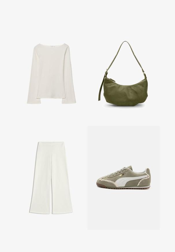 Vit långärmad topp med båthals. Tillverkad av mjukt material, har utställda ärmar och en rak nederkant, vilket ger en enkel och mångsidig design.; Vita vida byxor i mjukt tyg. De har hög midja och inga synliga sömmar, vilket skapar en ren silhuett.; Gröna mockaskor med vita läderdetaljer, texturerad sömnad, snörning fram och gummisula. Har unika designdetaljer längs sidorna.; Olivgrön läder axelväska med en böjd form, dragkedjestängning och justerbar rem. Slät textur med minimala metallaccenter.