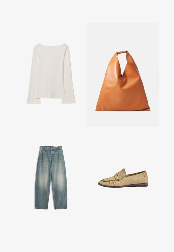 Biely top s dlhými rukávmi a výstrihom do lodičky. Vyrobený z jemného materiálu, má rozšírené rukávy a rovný lem, ponúkajúci jednoduchý a všestranný dizajn.; Modré široké vyblednuté džínsy s prednými vreckami, pútkami na opasok, zipsom a zapínaním na gombík, položené na bielom pozadí.; Bežové textilné loafery s okrúhlou špičkou, s plisovanými detailmi a plochou gumovou podrážkou. Obsahujú vyvýšený pásik cez priehlavok.; Hnedá hladká kožená trojuholníková kabelka s krátkym guľatým uchom a mäkkou, voľne visiacou štruktúrou na bielom pozadí.