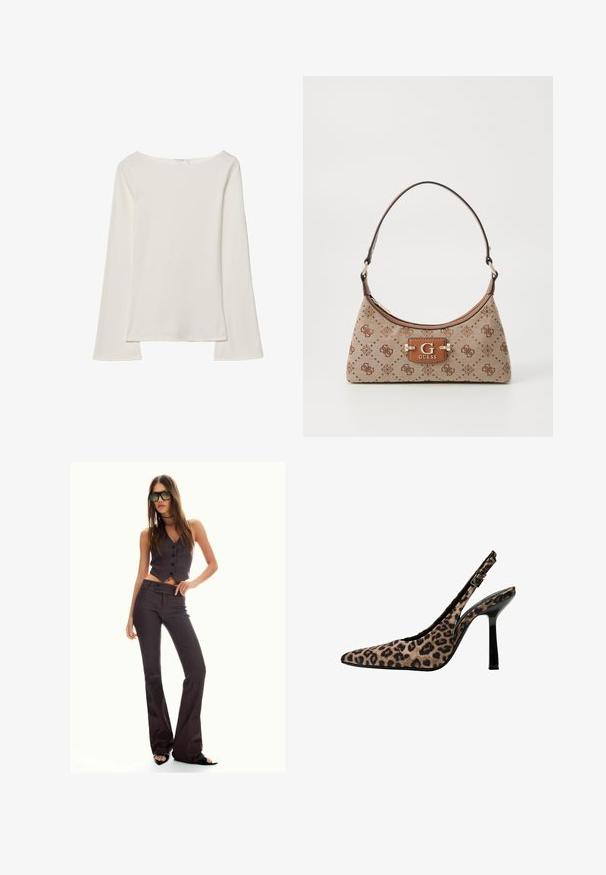 Hvid langærmet top med bådudskæring. Lavet af blødt materiale, harflammende ærmer og en lige kant, hvilket giver et enkelt og alsidigt design.; Brun stribet cropped vest og flagrende bukser med knapper og et tekstureret stof. Sorte åbentåede sko og overdimensionerede solbriller.; Pattent med leopardprint og slingback hæle med spids tå, sorte patenterede detaljer, tynd høj hæl og justerbar spænde. Syntetisk materiale.; Tote bag i beige stof med brune mønstrede detaljer. Har en buet form, enkelt strop og et logo-plakette foran med sølvhardware.