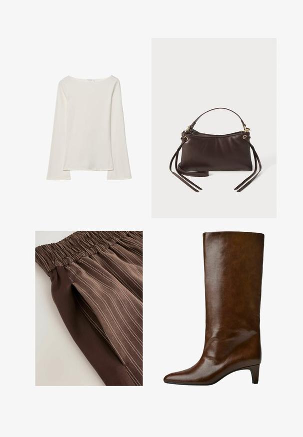 Haut blanc à manches longues avec un col bateau. Fabriqué en matériau doux, il présente des manches évasées et un ourlet droit, offrant un design simple et polyvalent.; Jupe plissée marron avec une taille élastique, dotée de rayures verticales de teintes plus claires. Texture lisse, le tissu se drape doucement.; Botte en cuir marron, montant jusqu'au genou, avec un bout pointu et un talon effilé, présentant une texture lisse et un design épuré.; Sac à main en cuir marron avec un dessus incurvé, une courte anse et de longues bandoulières. Présente des accessoires en métal doré et une texture lisse.