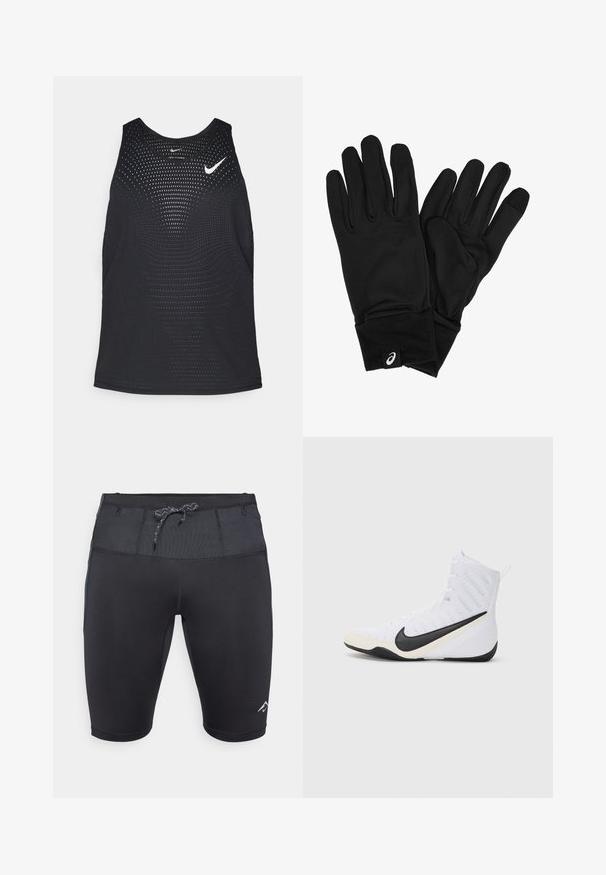 Czarny sportowy top na ramiączkach z perforowaną fakturą i okrągłym dekoltem. Na piersi znajduje się białe logo Nike.; Czarne spodenki sportowe o dopasowanym kroju, z teksturowanym pasem w talii, regulowanym sznurkiem i subtelnym logo na dolnej części nogawki.; Białe buty sportowe Nike z czarnym logo. Charakteryzują się wysokim cholewką, teksturowanym wierzchem i wytrzymałą gumową podeszwą.; Czarne rękawiczki wykonane z miękkiego, elastycznego materiału, dobrze dopasowane. Zawierają gruby mankiet oraz małą metkę z logo w okolicy nadgarstka.