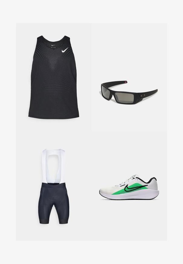 Čierny športový tielko s perforovanou textúrou a zaobleným výstrihom. Na hrudi je biele logo Nike.; Pánske cyklistické šortky s bielymi trakovými remienkami, vyrobené z elastického materiálu; námornícka farba s vystuženým sedadlom pre pohodlie a minimálnymi švami.; Biela športová obuv s zeleným akcentom, čiernym logom, sieťovaným zvrškom, polstrovanou podrážkou a zaoblenou pätou. Obsahuje šnúrky a kontrastné detaily.; Čierne slnečné okuliare s matným povrchom, obdĺžnikové šošovky, mierna krivka na straničkách, nenápadný detail loga a šošovky so zafírovaným tónovaním.
