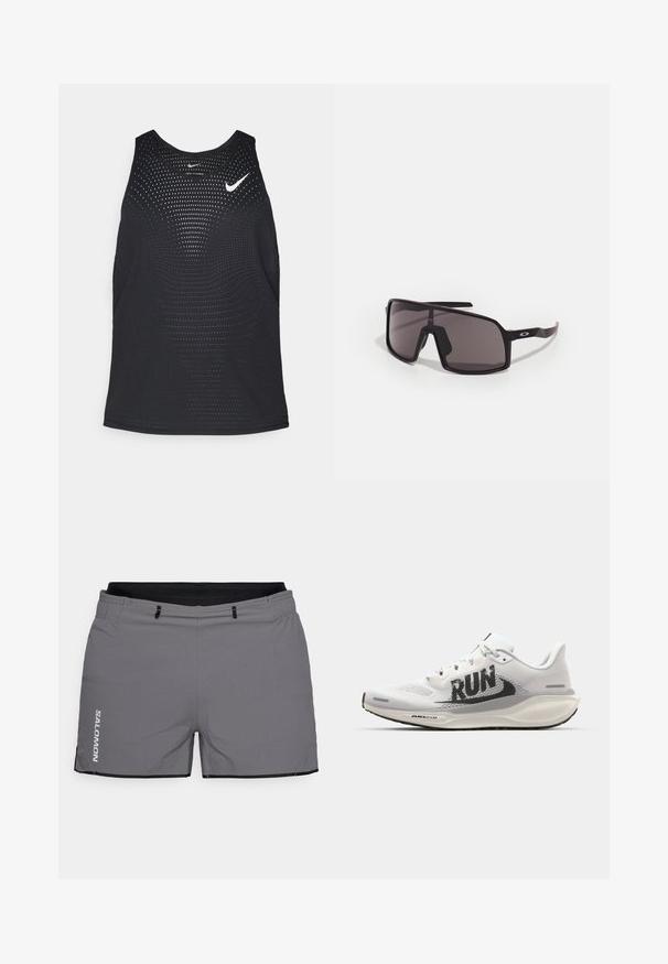 Juodas sportinis maikutė su perforuota tekstūra ir apvalia apykakle. Ant krūtinės yra balta Nike logotipas.; Pilkos šortai su gumine talija, šoninėmis kišenėmis ir juodais akcentais. Pasižymi tekstūruota paviršiumi ir logotipu kairėje kojų pusėje.; Balti sportiniai bateliai su tinkleliu, dideliu juodu "RUN" spaudiniu, šviesiai pilkais akcentais ir paminkštintu padu su "AIR 200M" ženklu.; Juodos stačiakampės saulės akinius su tamsiais stiklais, plačia rėmeliu ir plonomis juodomis kojelėmis. Ant smilkinių yra logotipas. Lygus paviršius.