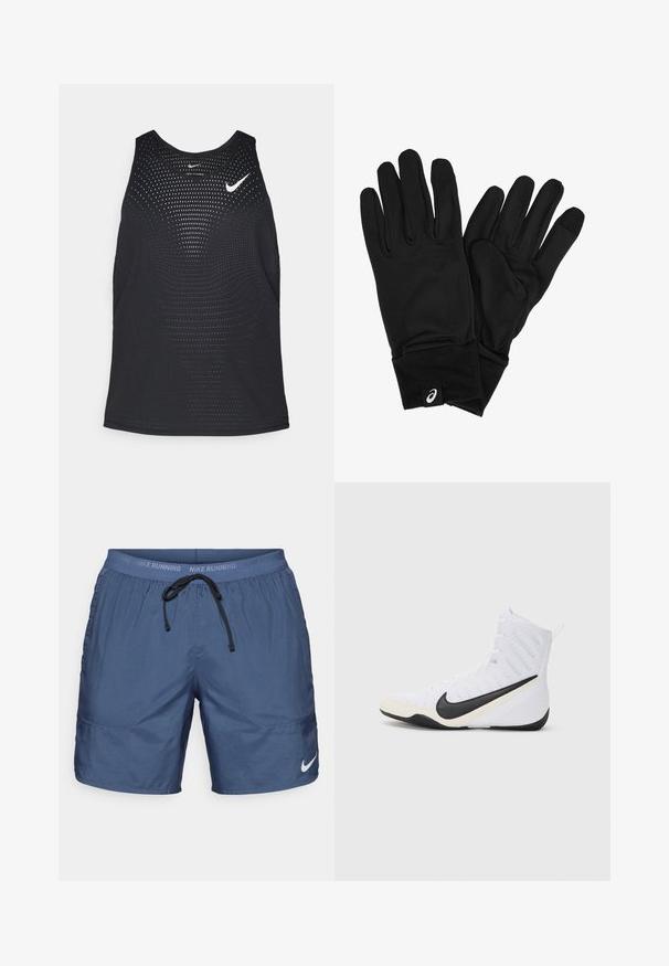 Musta urheilullinen tank top, jossa on rei'itetty pinta ja pyöreä kaula-aukko. Rinnassa on valkoinen Nike-logo.; Navy blue urheilusortsit, jotka on valmistettu kevyestä materiaalista. Niissä on joustava vyötärö, jossa on kiristysnauha, sekä sivutaskut. Jalan kohdalla logotunnus.; Kengät Nike urheiluvalkoiset mustalla swoosh-logolla. Ominaisuuksiin kuuluvat korkeampi malli, teksturoitu pinta ja kestävä kumipohja.; Mustat hanskat, jotka on valmistettu pehmeästä, venyvästä kankaasta ja istuvat tiukasti. Mukana on paksu resori ja pieni logotagi ranteen alueella.