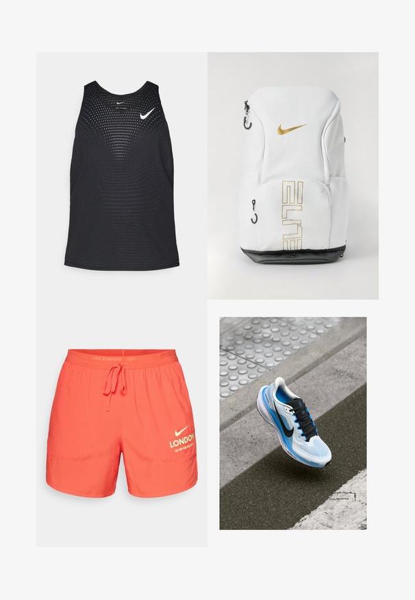 Mustmustreening mustrippide tekstuuri ja ümmargune kaelus. Rinnal valge Nike logo.; Nike jooksulühikesed, erks coral värv, kerge materjal, elastne vöökoht koos nööriga, omadused "LONDON" ja maratoni distants printitud.; Valge ja sinine jooksujalats mustade paeltega ning Nike sütitusega, hõljuv asfaldil ja kõnniteel.; Nike seljakott valge värviga, kuldse logo ja "ELITE" tekstiga, tõmblukkidega, võrkküljetaskutega ja musta alusega. Sile tekstuur.