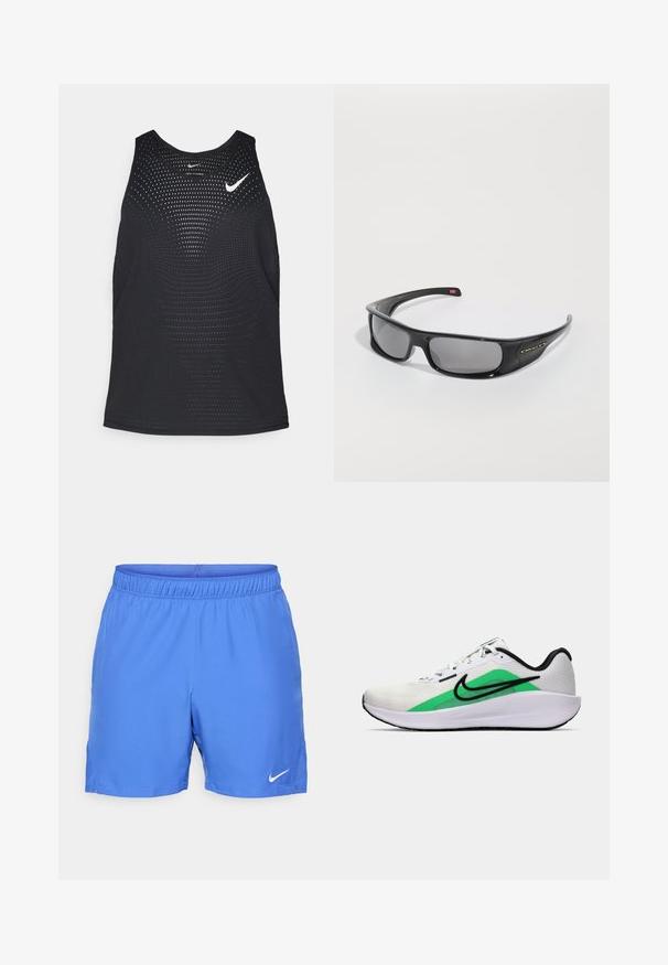 Črn atletski top s perforirano teksturo in okroglo ovratnikom. Na prsih je bel Nike logo.; Modre športne kratke hlače iz lahkotnega, gladkega materiala. Elastičen pas z majhnim belim logotipom Nike na spodnji levi strani.; Bela športna čevlja z zelenim poudarkom, črnim logotipom, mrežastim zgornjim delom, oblazinjenim podplatom in zaobljenim peto. Ima vezalke in kontrastne detajle.; Črne Oakley očala s povezanimi okvirji, temnimi pravokotnimi lečami in ukrivljenimi ročaji na eni bari beli ozadju.