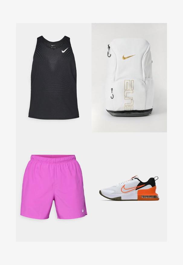 Tricou sport negru din material elastic, cu textură perforată și decolteu rotunjit. Are un logo Nike alb pe piept.; Shorts atletici roz cu talie elastică, textură netedă și un mic logo alb Nike pe partea de jos.; Pantofii sport albi au un superior din plasă texturată, accente negre și portocalii, o talpă din cauciuc groasă și o secțiune de amortizare transparentă la călcâi.; Rucsac Nike alb cu logo auriu și text „ELITE”, cu închideri cu fermoar, buzunare laterale din plasă și bază inferioară neagră. Textură netedă.