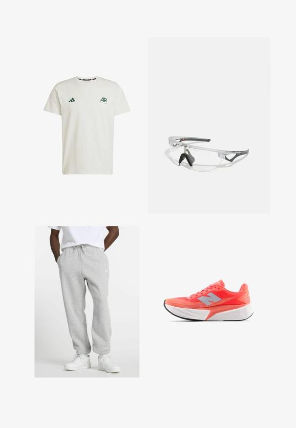 T-shirt bianca in cotone con maniche corte, dotata di logo Adidas verde e testo sul lato sinistro del petto e di un logo triangolare verde sulla spalla destra.; Uomo che indossa pantaloni della tuta grigio chiaro con cordino e sneaker bianche, in piedi con le mani in tasca su uno sfondo bianco.; Scarpa da corsa leggera in un vivace corallo con tomaia in rete e logo argentato. Suola intermedia bianca con texture distintiva e suola esterna in gomma nera.; Occhiali di sicurezza trasparenti con una montatura leggera e trasparente e accenti grigi. Presentano un design avvolgente e un supporto per il naso regolabile.