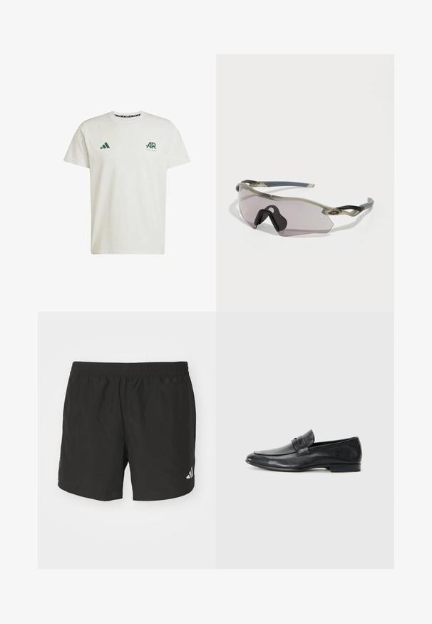Witte katoenen T-shirt met korte mouwen, voorzien van een groen Adidas-logo en tekst op de linkerkant van de borst en een groen driehoeklogo op de rechterschouder.; Zwarte sportieve shorts met een elastische tailleband, zijsplits en reflecterende logo-accenten. Gemaakt van lichte, gladde stof.; Zwarte leren instappers met een ronde neus, gestikte details, brede band over de voet en een lage, platte hak. Gladde afwerking.; Zonnebril met een doorschijnend grijze frame, getinte lenzen en een hoekig ontwerp. Heeft een kenmerkend neusstuk en gestructureerde donkergrijze tempels.