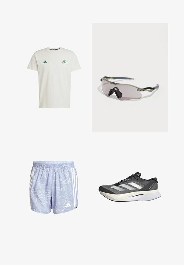 Bijela pamučna majica kratkih rukava sa zelenim Adidas logotipom i natpisom na lijevoj strani prsnog koša, te zelenim trokutastim logotipom na desnom ramenu.; Svijetloplave trkaće kratke hlače s teksturiranim uzorkom, sa bijelim prugama sa strane i elastičnom sredinom označenom s "TRČANJE."; Crno-bijela atletska cipela s mrežastim gornjim dijelom, s tri bijele pruge, istaknutim đonom označenim "LIGHTSTRIKE PRO" i aerodinamičnim dizajnom.; Naočale za sunce s prozirnim sivim okvirom, obojenim lećama i kutnim dizajnom. Imaju izraženu nosnicu i teksturirane tamnosive temple.