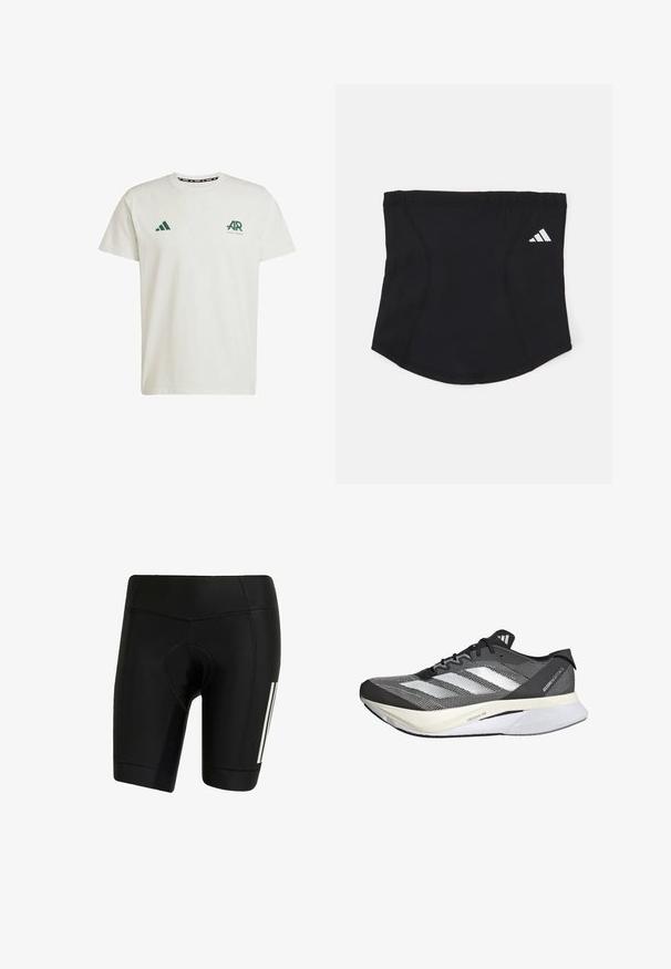 Weißes Baumwoll-T-Shirt mit kurzen Ärmeln, das auf der linken Brust ein grünes Adidas-Logo und Text sowie auf der rechten Schulter ein grünes Dreieckslogo trägt.; Schwarze Radhosen aus elastischem Stoff. Mit gepolstertem Sitz, Flachnähte und weißen vertikalen Streifen auf der linken Seite.; Schwarz-weißer Sportschuh mit einem Obermaterial aus Mesh, featuring drei weiße Streifen, einer markanten Sohle mit der Aufschrift "LIGHTSTRIKE PRO" und einem aerodynamischen Design.; Schwarzes Sport-Stirnband mit glatter Textur, geschwungener Form und elastischem oberen Teil. Verfügt über ein kleines weißes Adidas-Logo an der Seite.