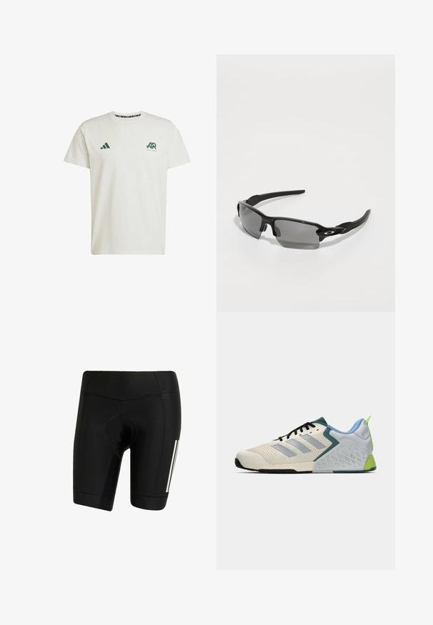 Biała bawełniana koszulka z krótkim rękawem, z zielonym logo Adidas i napisem po lewej stronie klatki piersiowej oraz zielonym logo trójkąta na prawym ramieniu.; Czarne spodenki rowerowe wykonane z rozciągliwego materiału. Posiadają wyściełane siedzenie, płaskie szwy oraz białe pionowe paski po lewej stronie.; Lekkie buty sportowe z kremową siateczką, szarymi paskami, zielonym akcentem i teksturowanym niebieskim zapiętkiem. Czarne sznurówki.; Czarne sportowe okulary przeciwsłoneczne z szarymi soczewkami, zakrzywioną konstrukcją ramy i detalem z logo z boku. Wykonane z lekkiego materiału plastikowego.
