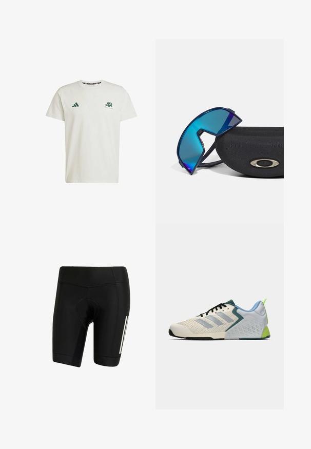 Bílý bavlněný tričko s krátkým rukávem, na levém prsu s zeleným logem Adidas a textem, a na pravém rameni se zeleným trojúhelníkovým logem.; Černé cyklistické šortky vyrobené z elastického materiálu. Mají polstrované sedlo, ploché švy a bílé svislé pruhy na levé straně.; Lehké sportovní boty s krémovou síťovinovou svrchní částí, šedými pruhy, zeleným akcentem a texturovaným modrým patním kontrastem. Černé tkaničky.; Skládací sluneční brýle s modrým nádechem a sportovním designem, odpočívající na texturovaném černém pouzdře s kovovým logem.