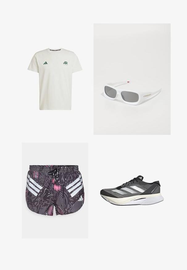 Vit bomullströja med kort ärm, med en grön Adidas-logotyp och text på vänster bröst samt en grön triangel-logotyp på högra axeln.; adidas Performance SHORT  - Träningsshorts - black; Svart och vit sportskor med mesh-överdel, har tre vita ränder, en framträdande sula märkt "LIGHTSTRIKE PRO" och en strömlinjeformad design.; Vita rektangulära Oakley-solglasögon med mörka linser som vilar på en vit yta, logotyp synlig på sidan.