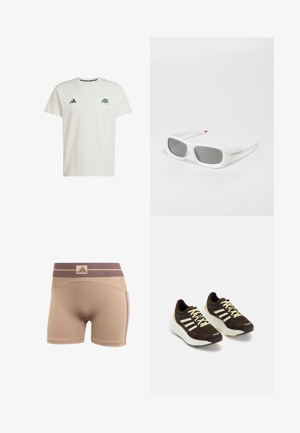 Biała bawełniana koszulka z krótkim rękawem, z zielonym logo Adidas i napisem po lewej stronie klatki piersiowej oraz zielonym logo trójkąta na prawym ramieniu.; adidas Performance - Rajstopy; Brązowe siateczkowe sneakersy z białymi paskami i żółtymi sznurówkami. Posiadają grubą białą podeszwę i teksturowane powierzchnie dla lepszego chwytu.; Białe prostokątne okulary przeciwsłoneczne Oakley z ciemnymi soczewkami leżące na białej powierzchni, logo widoczne z boku.