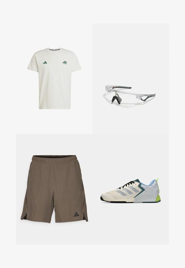 White cotton T-shirt with short sleeves, featuring green Adidas logo and text on the left chest and a green triangle logo on the right shoulder.; adidas Performance Sports shorts - shadow olive; Lightweight athletic shoes featuring a cream mesh upper, grey stripes, a green accent, and a textured blue heel counter. Black laces.; Clear safety glasses with a lightweight, transparent frame and gray accents. Features a wraparound design and adjustable nosepiece.