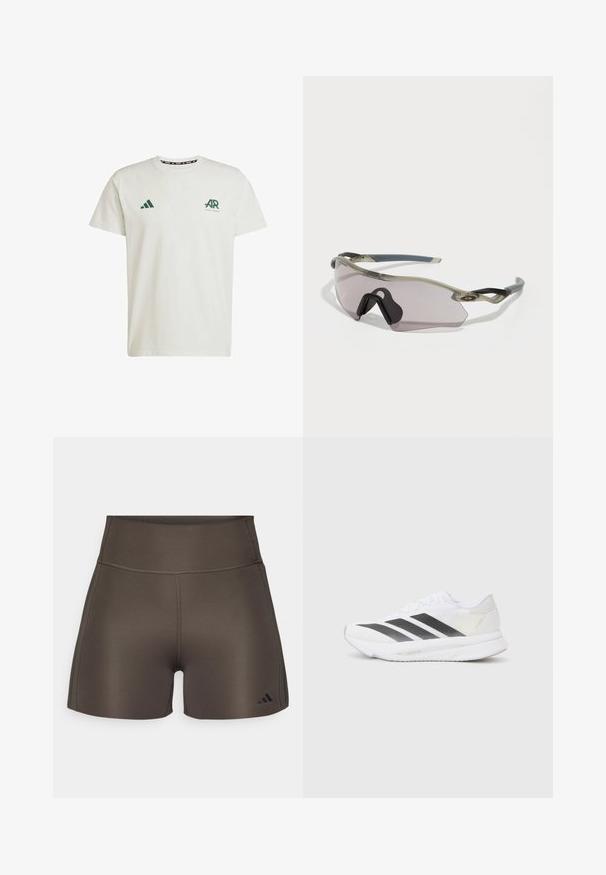 T-shirt bianca in cotone con maniche corte, dotata di logo Adidas verde e testo sul lato sinistro del petto e di un logo triangolare verde sulla spalla destra.; adidas Performance OPTIME RAW CUT HEM - Leggings - shadow olive; Scarpa sportiva bianca con strisce diagonali nere, tomaia in rete, punta arrotondata e suola testurizzata. Gli accenti includono un tallone argentato e un design minimalista.; Occhiali da sole con montatura grigia traslucida, lenti colorate e design angolare. Presentano un pezzo nasale distintivo e astine di un grigio scuro texturizzato.