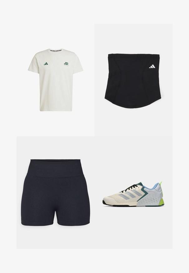 Weißes Baumwoll-T-Shirt mit kurzen Ärmeln, das auf der linken Brust ein grünes Adidas-Logo und Text sowie auf der rechten Schulter ein grünes Dreieckslogo trägt.; Schwarze hoch taillierte Sporthorts aus dehnbarem Material. Verfügt über eine glatte Textur und klare Linien mit einem schlichten Design.; Leichte Sportschuhe mit einem cremefarbenen Mesh-Obermaterial, grauen Streifen, einer grünen Akzentfarbe und einer strukturierten blauen Fersenkappe. Schwarze Schnürsenkel.; Schwarzes Sport-Stirnband mit glatter Textur, geschwungener Form und elastischem oberen Teil. Verfügt über ein kleines weißes Adidas-Logo an der Seite.