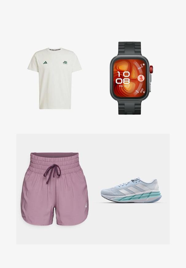 Weißes Baumwoll-T-Shirt mit kurzen Ärmeln, das auf der linken Brust ein grünes Adidas-Logo und Text sowie auf der rechten Schulter ein grünes Dreieckslogo trägt.; Lila sportliche Shorts mit einem gerafften hohen Bund, Kordelzug und dezentem Logodetail auf der unteren rechten Seite. Glattes, leichtes Material.; Helle blaue Sportschuhe mit einem strukturierten Strickobermaterial, weißen Akzenten und einer transparenten grünen Zwischensohle. Abgerundete Zehenpartie und gepolsterter Schaft.; Smartwatch mit quadratischem Zifferblatt, schwarzem Silikonarmband, orange-rotem Display, digitaler Zeit- und Datumsanzeige, Aktivitätssymbolen und rotem Seitenschalter.