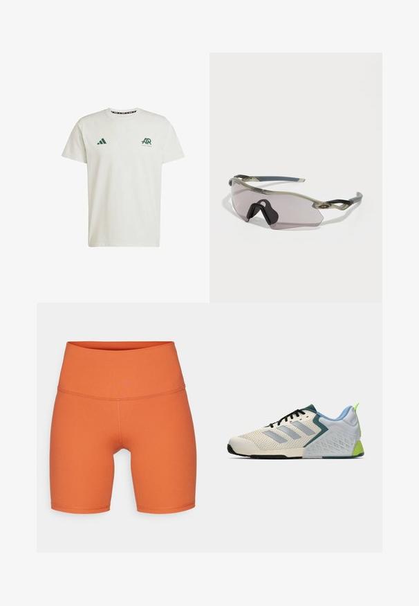 T-shirt bianca in cotone con maniche corte, dotata di logo Adidas verde e testo sul lato sinistro del petto e di un logo triangolare verde sulla spalla destra.; Pantaloni sportivi arancioni realizzati in un materiale morbido e elasticizzato. Vita alta con dettagli di cucitura lungo le cuciture. Lunghezza a metà coscia.; Scarpe atletiche leggere con una tomaia in rete color crema, righe grigie, un accento verde e un tallone in textured blu. Lacci neri.; Occhiali da sole con montatura grigia traslucida, lenti colorate e design angolare. Presentano un pezzo nasale distintivo e astine di un grigio scuro texturizzato.