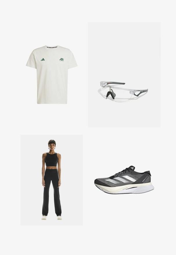 White cotton T-shirt with short sleeves, featuring green Adidas logo and text on the left chest and a green triangle logo on the right shoulder.; On STUDIO - Leggings - black; Black and white athletic shoe with a mesh upper, features three white stripes, a prominent sole labeled "LIGHTSTRIKE PRO," and a streamlined design.; Clear safety glasses with a lightweight, transparent frame and gray accents. Features a wraparound design and adjustable nosepiece.