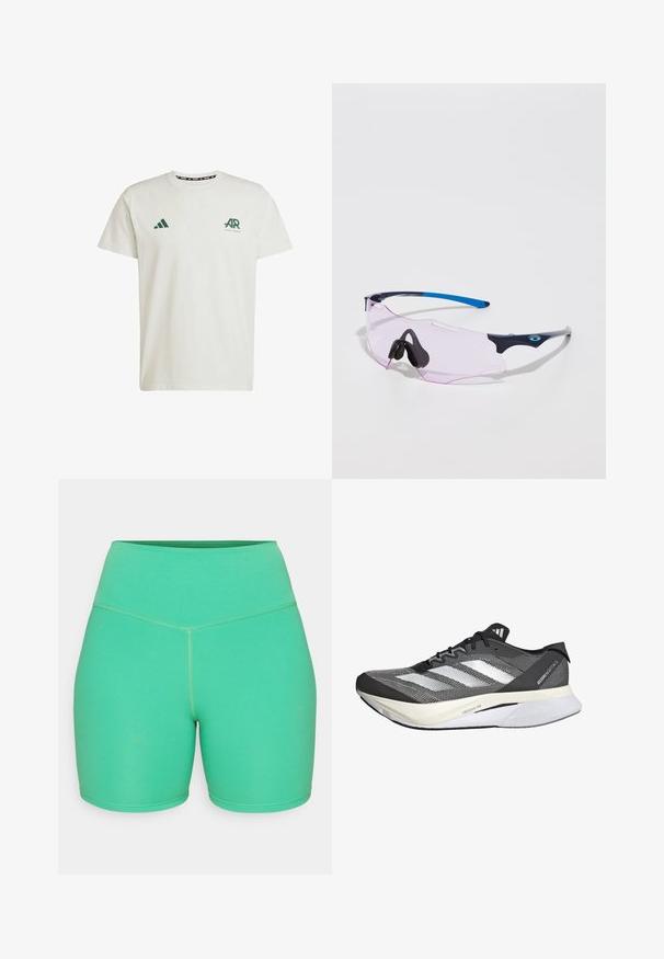 Camiseta de algodón blanca con mangas cortas, que presenta el logo verde de Adidas y texto en el lado izquierdo del pecho, y un logo triangular verde en el hombro derecho.; Pantalones cortos deportivos verdes hechos de material elástico, con una cinturilla alta, textura suave y detalle de costura en contraste.; Zapatilla deportiva en blanco y negro con parte superior de malla, presenta tres franjas blancas, una suela prominente etiquetada como "LIGHTSTRIKE PRO" y un diseño aerodinámico.; Gafas de sol deportivas con lentes transparentes en color rosa. Cuentan con montura azul oscura y gris claro. Las almohadillas nasales ajustables mejoran la comodidad.