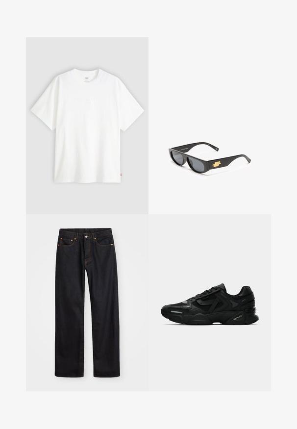 Biela tričko s krátkym rukávom vyrobené z bavlny s klasickým výstrihom. Má jemne embosované logo na prednej strane a červenú etiketu na leme.; Pánske rovné čierne riflové nohavice s piatimi vreckami a oranžovým prešívaním, s gombíkom a zipsom na prednom páse.; Čierne atletické tenisky s textúrovaným zvrškom, reflexnými akcentmi a polstrovanou podrážkou. Obsahujú šnúrky a logo značky na boku.; Čierne slnečné okuliare s obdĺžnikovým rámom, sivými sklami a výrazným zlatým logom na spánku. Hladký plastový materiál a elegantný dizajn.