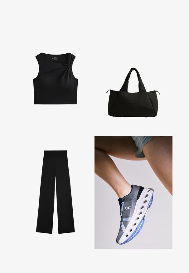Black sleeveless cropped top featuring a knotted detail at the shoulder, made from a smooth, stretchy fabric with a form-fitting design.; Black wide-leg trousers made of smooth fabric, featuring a high waistband and no visible fastenings. Simple design with a clean silhouette.; On CLOUDECLIPSE - Road running shoes - black frost; Black tote bag with a puffy texture, featuring two short handles and a side pocket secured with a drawstring. Simple, angular design.