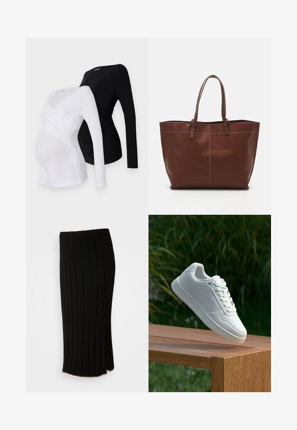 Zwei langärmlige Umstandstops in Weiß und Schwarz. Mit einem überschneidenden Design, weichem Stoff und abgerundetem Saum für eine bequeme Passform.; Schwarzer Strickrock mit vertikalen Rippen, einem figurbetonten Bund und einem seitlichen Schlitz mit einem dekorativen goldenen Akzent am Saum.; Weiße Sneaker mit einem glatten, synthetischen Obermaterial, perforierter Zehenbox, flachen Schnürsenkeln und einer strukturierten Sohle, präsentiert auf einer Holzoberfläche.; Braune Leder-Umhängetasche mit doppelten Griffen, verfügt über eine kontrastierende Naht und ein geräumiges Design, das sich für den täglichen Gebrauch eignet.