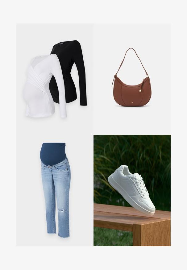 Kaks pikkade varrukatega rasedustoppi valges ja mustas värvitoonis. Omab ristuv disain, pehmet kangast ja kaardus hemline'i mugavaks istuvuseks.; Rasedusjeansid tumedast sinisest elastse kõhuosaga, heledast sinisest denimist, kitsas lõige, kulunud põlve detail ja rebenenudääred.; Valged sneakerd, millel on sile sünteetiline ülemine osa, väikeste aukudega varvaskast, lamedad paelad ja tekstuuriga tald, eksponeeritud puidust pinnal.; Pruun faux nahast õlaline kott, millel on kaarjas kuju, minimaalne õmblemine ja kuldse tooni metallist aksessuaar. Omab ülemist tõmblukku ja reguleeritavat rihma.