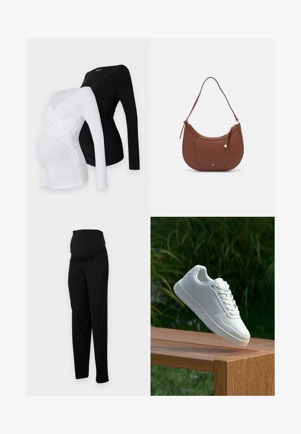 Duas blusas de maternidade de mangas compridas em branco e preto. Apresentam um design cruzado, tecido macio e bainha curva para um ajuste confortável.; Calças de maternidade pretas feitas de tecido suave, com uma cinta elástica larga, corte descontraído e dois bolsos laterais para funcionalidade.; Sapatilha branca com um cabedal sintético liso, caixa dos dedos perfurada, atacadores planos e uma sola texturizada, exposta sobre uma superfície de madeira.; Mala de ombro em pele sintética castanha com forma curva, costura minimalista e detalhe em metal dourado. Apresenta fecho de zíper no topo e alça ajustável.