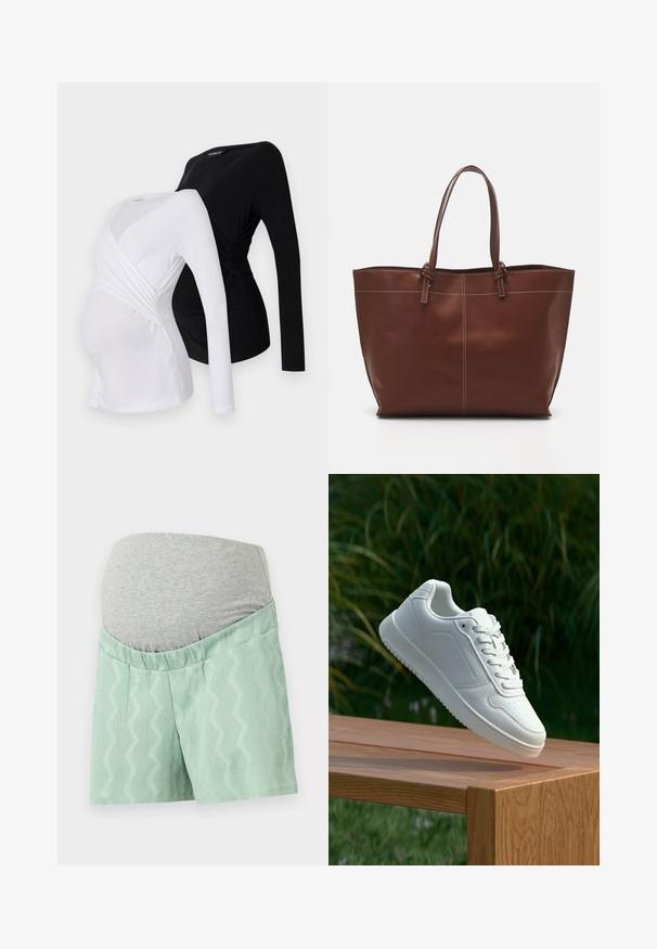 Two long-sleeve maternity tops in white and black. Features a crossover design, soft fabric, and curved hemline for comfortable fit.; Mint green shorts with a textured zigzag pattern, featuring a gray, stretchy waistband for comfort. It has a relaxed fit and smooth fabric.; White sneaker with a smooth synthetic upper, perforated toe box, flat laces, and a textured sole, displayed on a wooden surface.; Brown leather tote bag with double handles, features contrast stitching and a spacious design, suitable for everyday use.