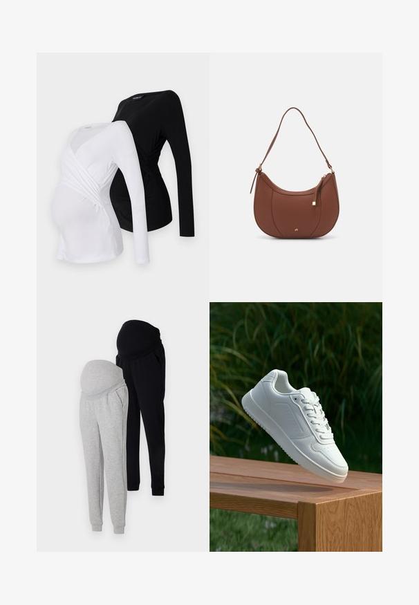 Du kampinės nėštumo palaidinės: viena balta, kita juoda. Pasižymi kryžminiu dizainu, minkšta medžiaga ir lenkta apačia, užtikrinanti patogų prigludimą.; Duos nėščiųjų sportinių kelnaičių: vienos pilkos, kitos juodos, abi su elastingais juosmenimis, kišenėmis ir siaurėjančiomis kojomis. Lengvas audinys.; Balti sneakeriai su lygia sintetine viršutine dalimi, perforuota pirštų zona, plokščiomis raištelėmis ir tekstūruotu padu, padėti ant medinės paviršiaus.; Ruda dirbtinės odos petinė piniginė su kreiva forma, minimalia siuvimo linija ir auksinės spalvos įranga. Yra užtrauktuko uždarymas viršuje ir reguliuojama petneša.