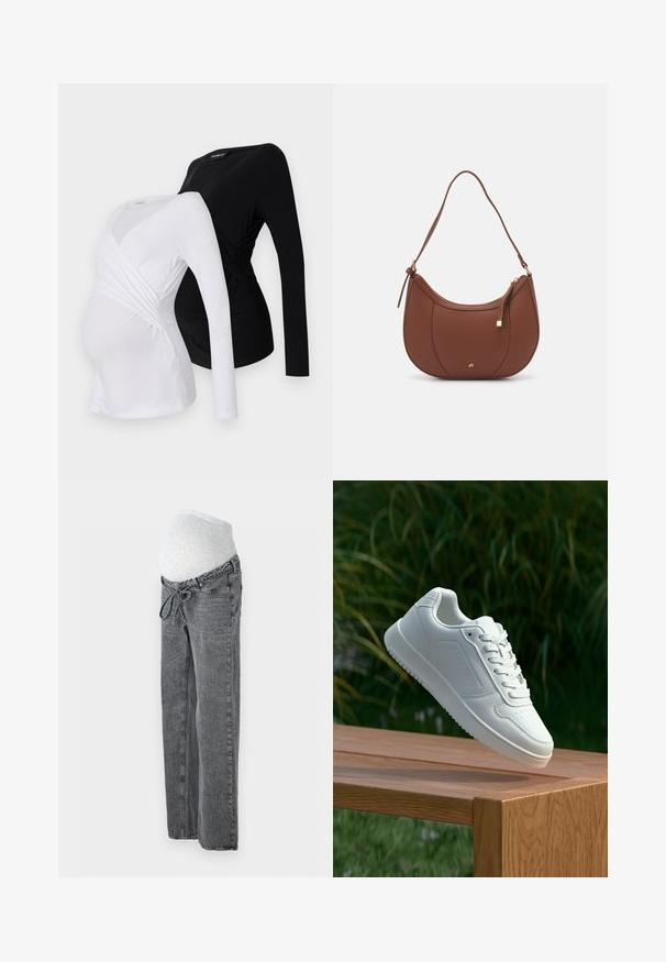 Duas blusas de maternidade de mangas compridas em branco e preto. Apresentam um design cruzado, tecido macio e bainha curva para um ajuste confortável.; Vero Moda Maternity VMMTESSA WIDE BELT - Calças de ganga de corte relaxado - medium grey denim; Sapatilha branca com um cabedal sintético liso, caixa dos dedos perfurada, atacadores planos e uma sola texturizada, exposta sobre uma superfície de madeira.; Mala de ombro em pele sintética castanha com forma curva, costura minimalista e detalhe em metal dourado. Apresenta fecho de zíper no topo e alça ajustável.