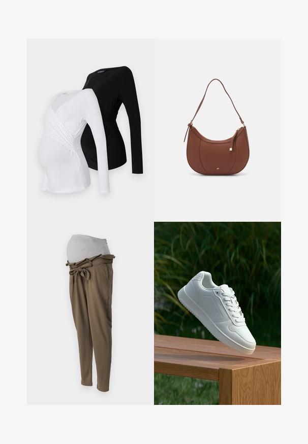 Two long-sleeve maternity tops in white and black. Features a crossover design, soft fabric, and curved hemline for comfortable fit.; Maternity pants in olive green with a gray elastic waistband. Features a tie at the waist and a relaxed fit for comfort. Smooth texture.; White sneaker with a smooth synthetic upper, perforated toe box, flat laces, and a textured sole, displayed on a wooden surface.; Brown faux leather shoulder bag with curved shape, minimal stitching, and a gold-tone hardware accent. Features a top zipper closure and adjustable strap.