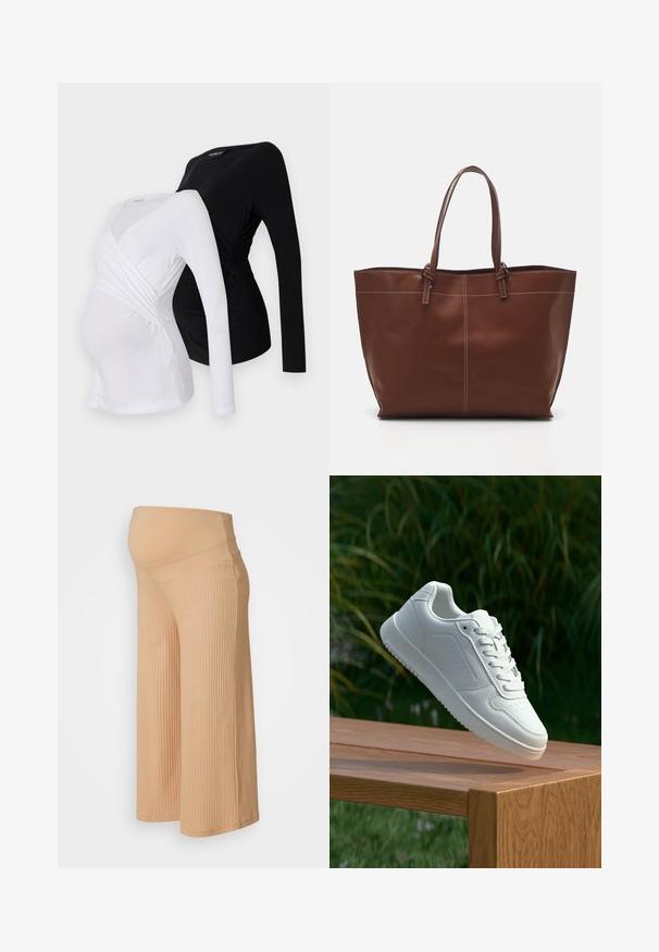 Duas blusas de maternidade de mangas compridas em branco e preto. Apresentam um design cruzado, tecido macio e bainha curva para um ajuste confortável.; Calças largas de maternidade em bege, com nervuras e uma cintura alta elástica; desenhadas para conforto e facilidade durante a gravidez.; Sapatilha branca com um cabedal sintético liso, caixa dos dedos perfurada, atacadores planos e uma sola texturizada, exposta sobre uma superfície de madeira.; Sacola Tote de couro castanho com alças duplas, apresenta costura em contraste e um design espaçoso, adequada para o uso diário.