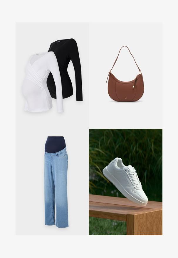 Duas blusas de maternidade de mangas compridas em branco e preto. Apresentam um design cruzado, tecido macio e bainha curva para um ajuste confortável.; Calças de maternidade em denim azul claro. Apresentam uma cintura elástica em azul-marinho e um design de perna larga. Bolsos frontais padrão e tecido ligeiramente desbotado.; Sapatilha branca com um cabedal sintético liso, caixa dos dedos perfurada, atacadores planos e uma sola texturizada, exposta sobre uma superfície de madeira.; Mala de ombro em pele sintética castanha com forma curva, costura minimalista e detalhe em metal dourado. Apresenta fecho de zíper no topo e alça ajustável.