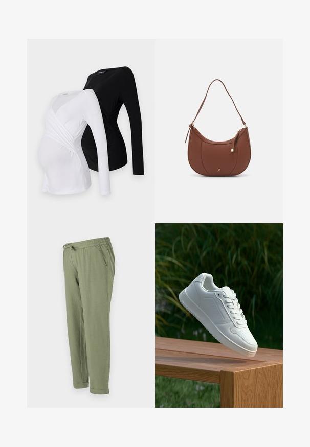 Due maglie premaman a maniche lunghe in bianco e nero. Presentano un design incrociato, un tessuto morbido e un orlo curvo per una vestibilità comoda.; Pantaloni di un verde chiaro, dalla vestibilità comoda, con cintura elastica, cordoncino, tasche laterali e orli arrotolati. Realizzati in morbido materiale testurizzato.; Sneaker bianco con tomaia in sintetico liscio, punta perforata, lacci piatti e suola testurizzata, esposto su una superficie di legno.; Borsa a spalla in finta pelle marrone con forma curvata, cuciture minime e un accento in metallo dorato. Presenta una chiusura con zip superiore e una tracolla regolabile.