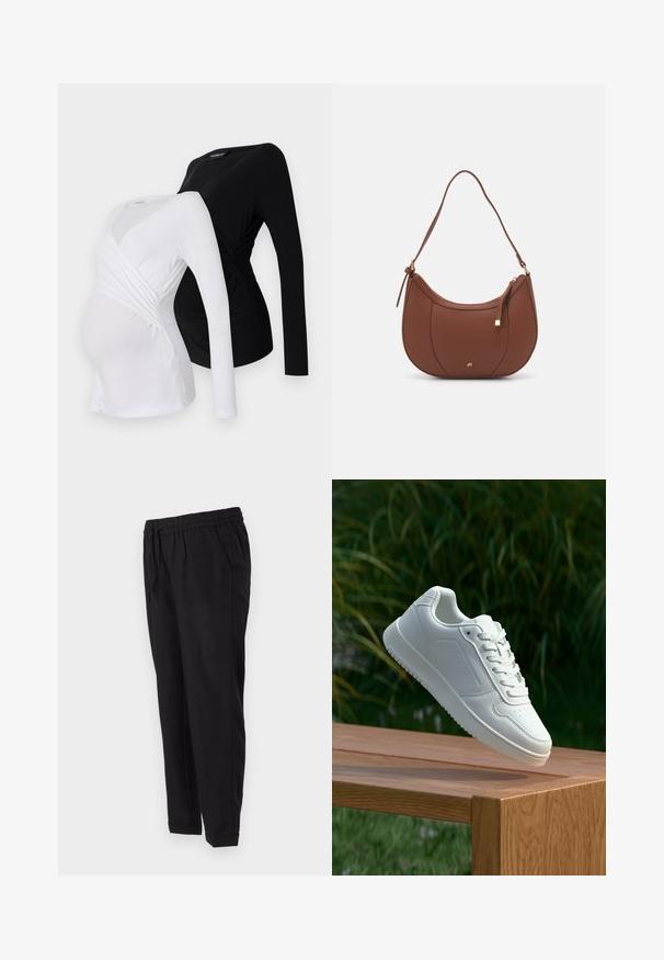 To lange ærmede graviditetstoppe i hvid og sort. Har et crossover-design, blødt stof og en buet nederkant for en behagelig pasform.; Sorte bukser med elastisk talje, sidelommer, tætsiddende ben og opfoldede kanter. Lavet af et glat, let stof.; Hvid sneaker med en glat syntetisk overdel, perforeret tåboks, flade snørebånd og en tekstureret sål, præsenteret på en træoverflade.; Brun faux læder skuldertaske med buet form, minimal syning og en guldtonet hardwaredetalje. Har en top lynlåslukning og justerbar rem.
