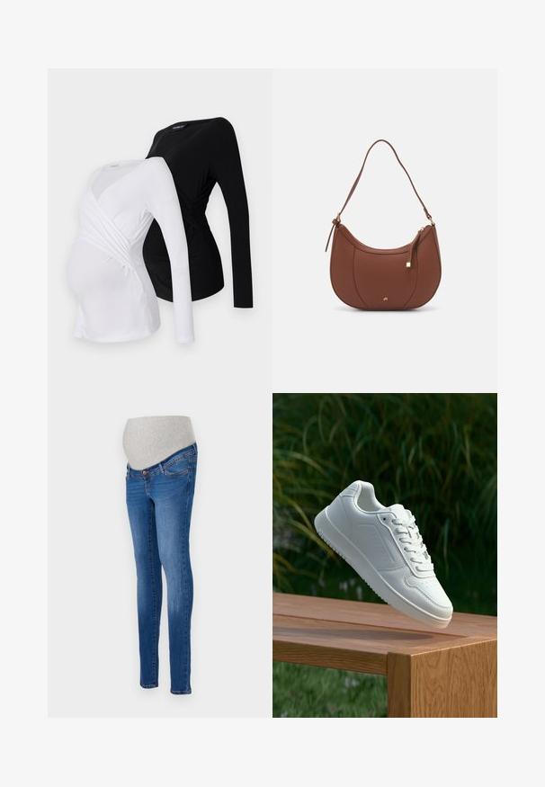 Kaks pikkade varrukatega rasedustoppi valges ja mustas värvitoonis. Omab ristuv disain, pehmet kangast ja kaardus hemline'i mugavaks istuvuseks.; Sinised denimist raseduse ülekuulajad, millel on sobiv kuju. Omab halli venitatavat paneeli mugavuse tagamiseks. Klassikaline viie tasku disain kerge kulumisega.; Valged sneakerd, millel on sile sünteetiline ülemine osa, väikeste aukudega varvaskast, lamedad paelad ja tekstuuriga tald, eksponeeritud puidust pinnal.; Pruun faux nahast õlaline kott, millel on kaarjas kuju, minimaalne õmblemine ja kuldse tooni metallist aksessuaar. Omab ülemist tõmblukku ja reguleeritavat rihma.