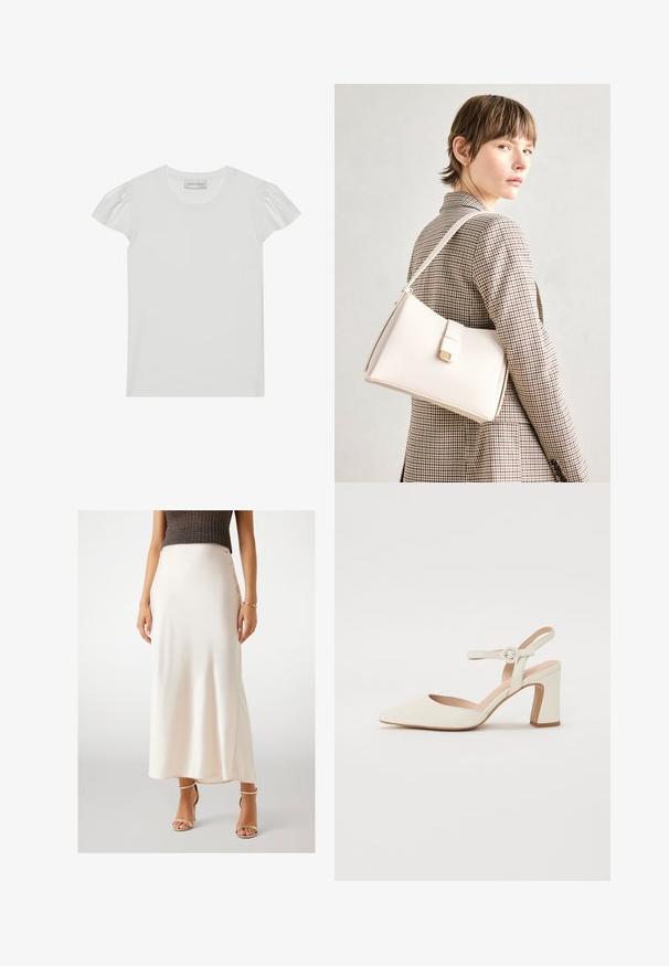 Bílý kratší rukávový T-shirt vyrobený z měkké látky. Má malé nabírané rukávy a kulatý výstřih. Štítek: "ANNA FIELD" na krku.; Krémová saténová maxi sukně s hladkým povrchem, sedí v pase, s bočním rozparkem, v kombinaci se zlatými sandály na vysokém podpatku se strapci.; Kopie s špičatou špičkou, krémové lodičky s blokovým podpatekem. Obsahuje tenký pásek kolem kotníku s kulatou sponou a hladkou koženou texturu.; Bílá kožená kabelka se strukturálním designem, s magnetickým uzávěrem a ramenním popruhem, prezentovaná na neutrálním pozadí.