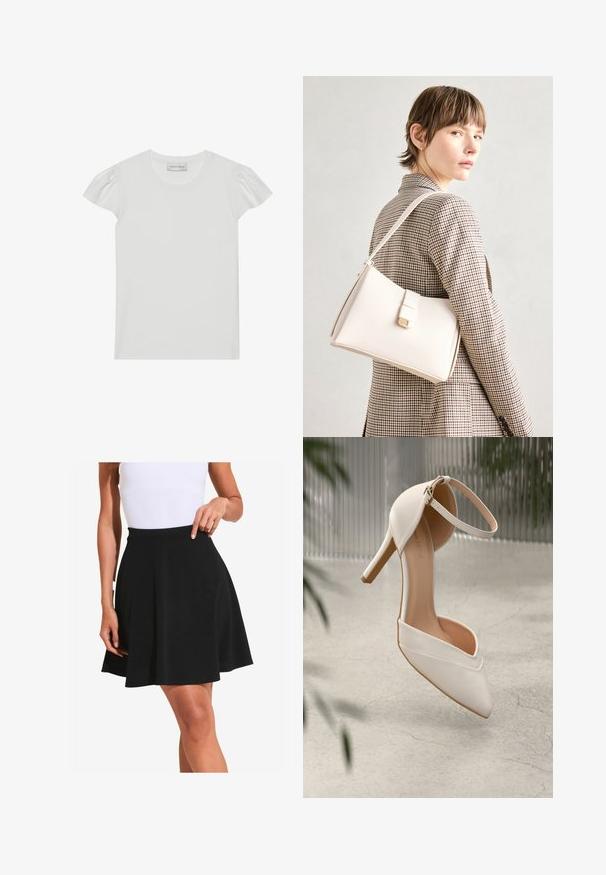 T-shirt blanc à manches courtes en tissu doux. Présente de petites manches bouffantes et un col rond. Étiquette : "ANNA FIELD" au niveau du cou.; Jupe évasée noire en tissu doux avec une texture lisse et une taille large, présentée avec de doux plis et une coupe au genou.; Chaussure à talons hauts blanche en matériau lisse, avec un bout pointu et une sangle autour de la cheville. Présente un intérieur beige clair et des accents en matériel doré.; Sac à main en cuir blanc au design structuré, doté d'un fermoir magnétique et d'une bandoulière, présenté sur un fond neutre.