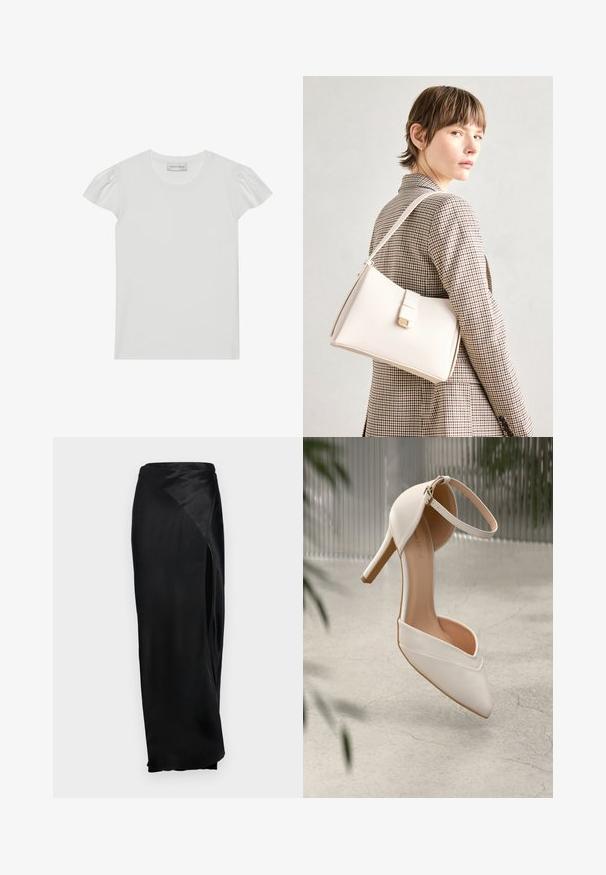 Bela kratka majica s kratkimi rokavi iz mehkega blaga. Ima majhne napihnjene rokave in okroglo ovratnico. Oznaka: "ANNA FIELD" na vratu.; Črna satenasta maksi krila s stranskim razporkom, gladko teksturo in ovijajočim dizajnom. Ima visok pas in tekočo silhueto.; Bele visoke petne čevlje iz gladkega materiala s koničastim nosom in gležnjenim trakom. Imajo svetlo tan notranjost in zlat ton dodatkov.; Bela usnjena torba s strukturirano zasnovo, opremljena z magnetnim zapiranjem in naramnico, prikazana na nevtralni ozadju.