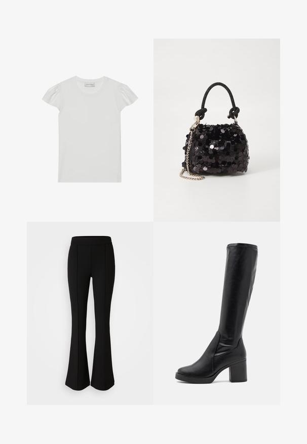 Fehér, rövid ujjas póló, puha anyagból készült. Kisebb puffos ujjak és kerek nyakú kialakítás jellemzi. Címke: "ANNA FIELD" a nyaknál.; Fekete, elasztikus anyagból készült, sima textúrájú, bővülő nadrág, elülső varrásokkal a dizájn fokozása érdekében.; Fekete, térd fölé érő csizmák sima bőrből, vastag sarokkal és lekerekített orral. Zökkenőmentes kialakítás jellemzi, finom varrási részletekkel.; Fekete flitteres mini kézitáska csomózott textúrájú pánttal és ezüst lánccal. Lekerekített forma, ráncolt tetejével és fényvisszaverő részletekkel.