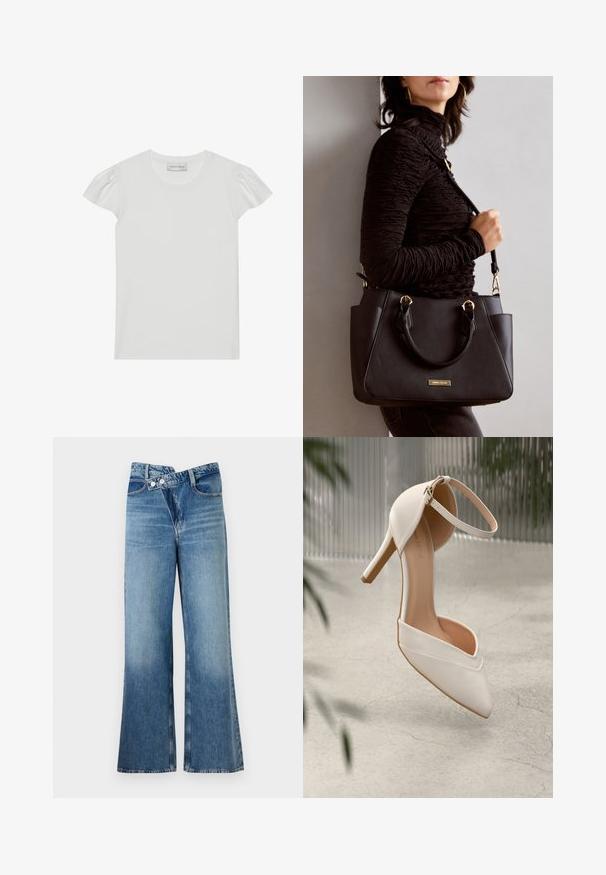 T-shirt branca de manga curta feita de tecido macio. Apresenta mangas pequenas e bufantes e um decote redondo. Etiqueta: "ANNA FIELD" na gola.; Jeans de ganga azul claro, flare, com uma cintura alta, apresentando dois botões e bolsos frontais. O tecido tem uma textura desbotada com variações subtis.; Shoe de salto alto branco em material suave com bico pontudo e tira no tornozelo. Apresenta um interior em tom claro de bege e detalhes em tom dourado.; Bolsa preta com superfície texturizada, alças superiores duplas e alça de ombro ajustável. Apresenta ferragens em tom dourado e bolsos laterais.